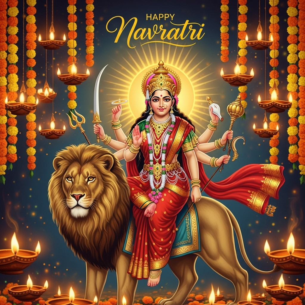Goddess Durga Navratri Artwork with Lion and Diyas